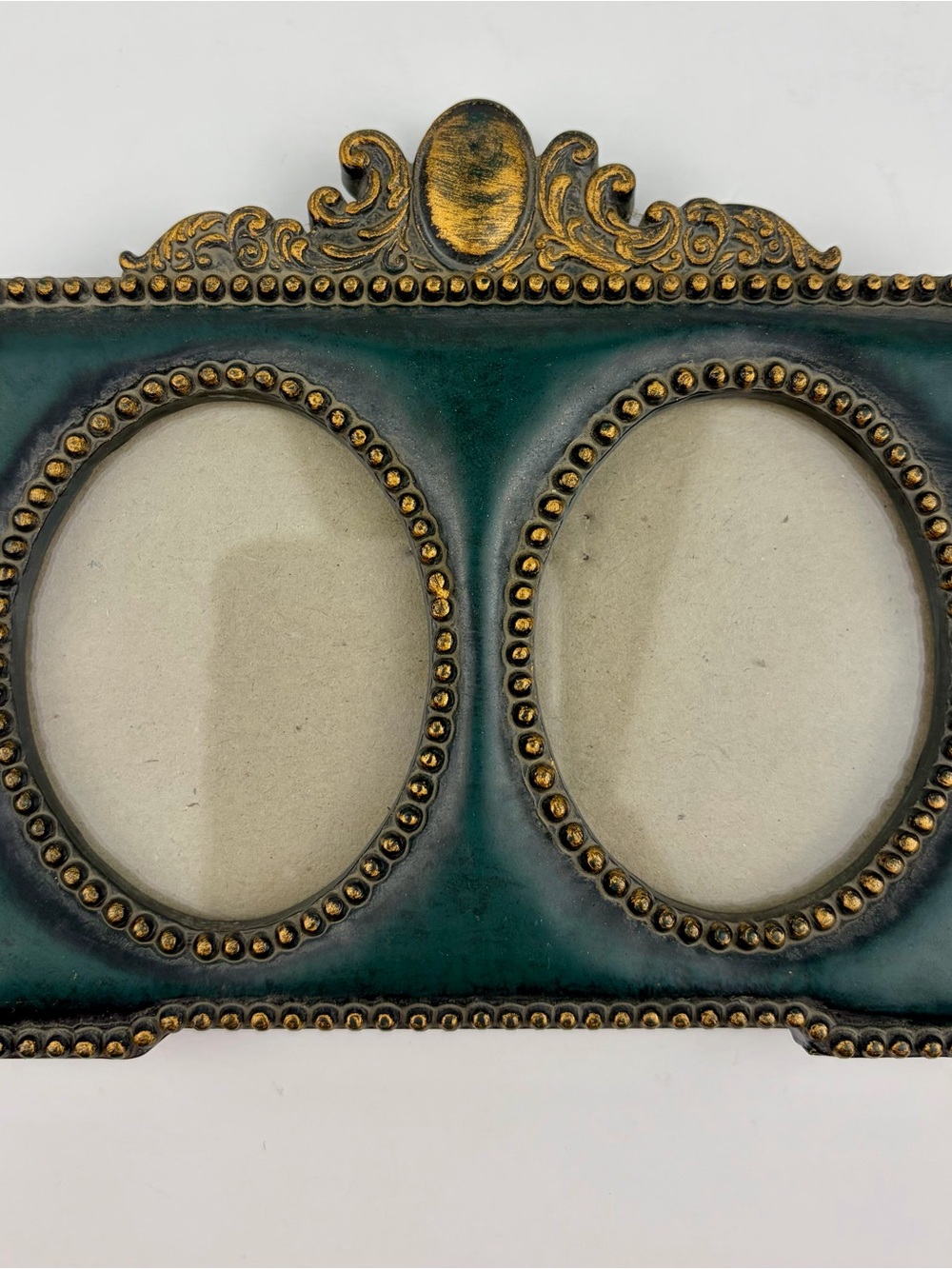 Vintage Double Oval Picture Frame 2.5 x 3 in Green Gold Ornate Victorian Baroque